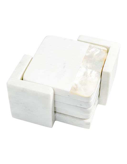 Mother of Pearl White Marble Coasters with Holder (set of 4) by Anaya