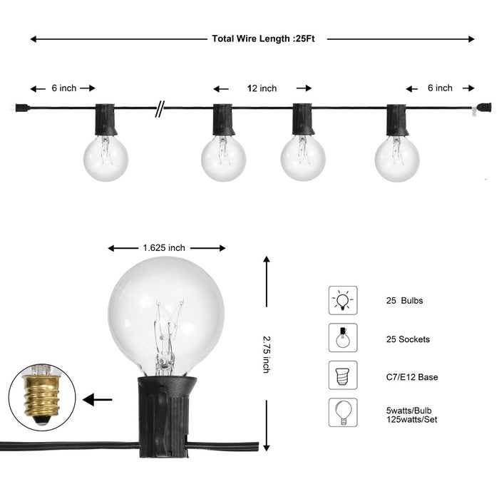 Brit 25-Light Indoor/Outdoor 25 ft. Contemporary Rustic Incandescent G40 Bistro Globe Bulb String Lights, Black