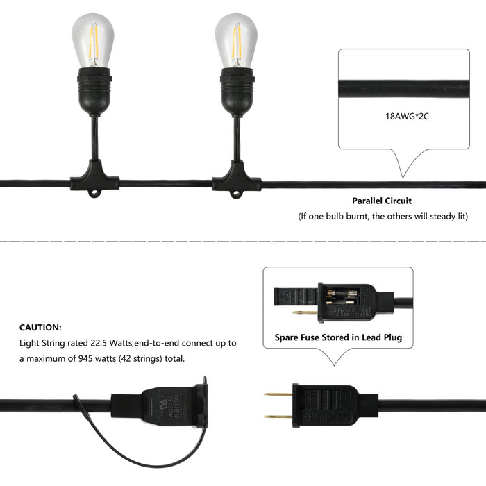 Friv 15-Light Indoor/Outdoor 48 ft. Rustic Industrial LED S14 Edison Bulb String Lights, Black