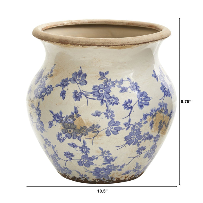 10.5” Tuscan Ceramic Blue Scroll Urn Vase by Nearly Natural