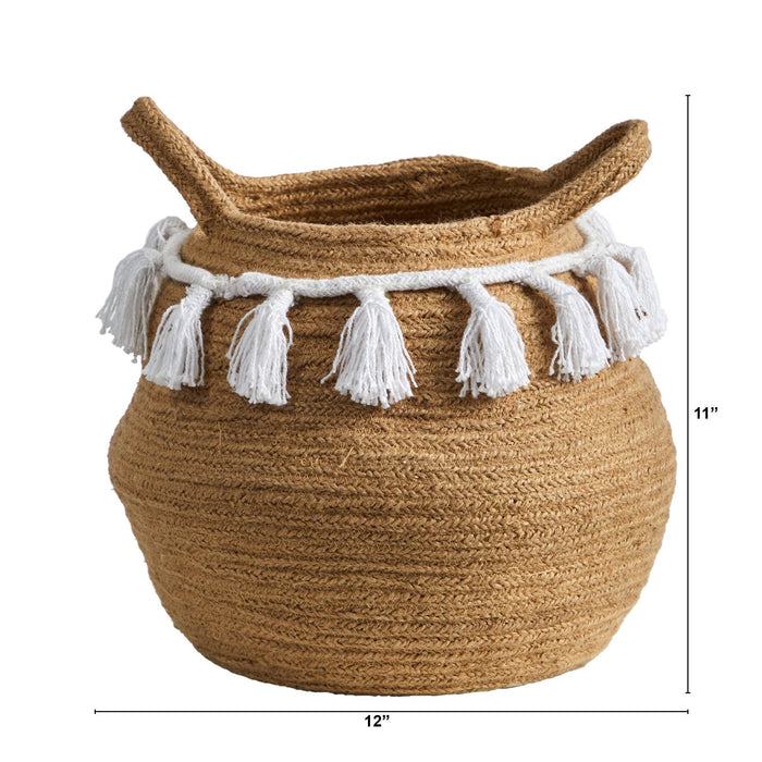 11” Boho Chic Handmade Natural Cotton Woven  Planter with Tassels by Nearly Natural