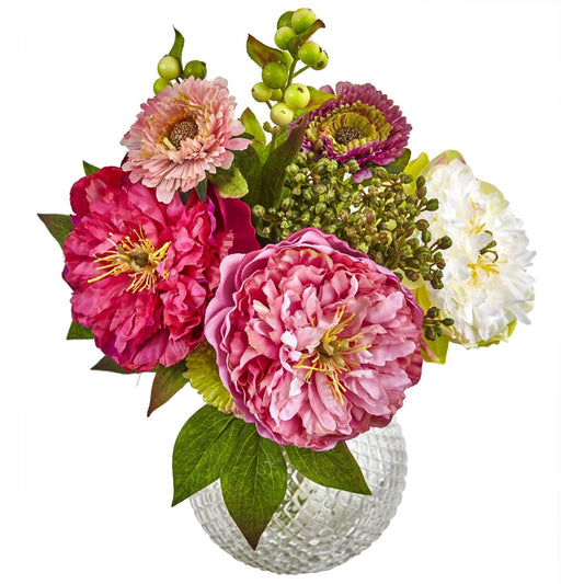 14" Artificial Peony and Mum in Glass Vase" by Nearly Natural