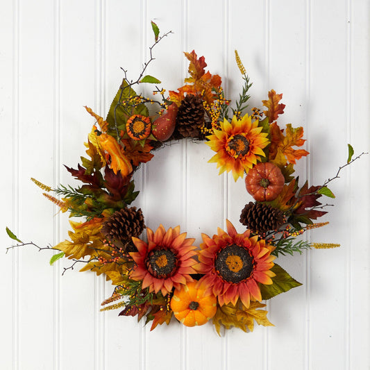 24” Fall Sunflower, Pumpkin, Gourds, Pinecone and Berries Autumn Artificial Wreath by Nearly Natural