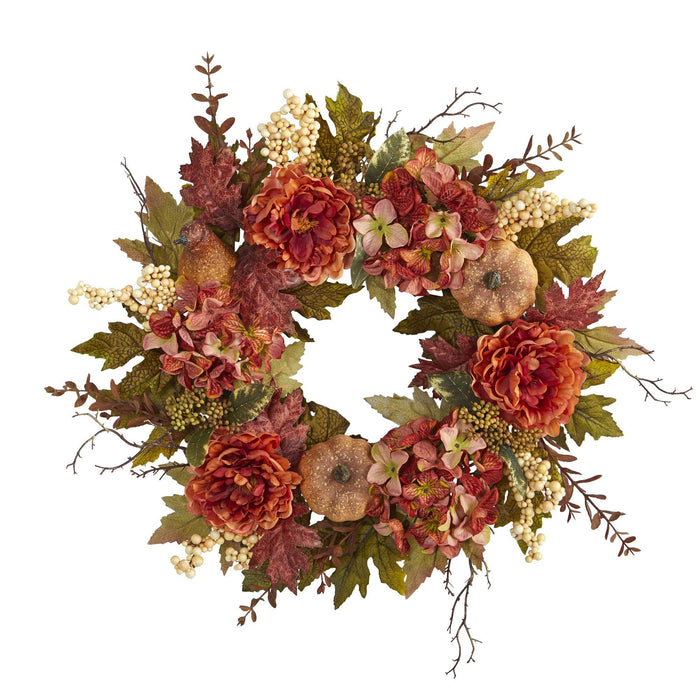 24” Peony, Hydrangea and Pumpkin Fall Artificial Wreath by Nearly Natural