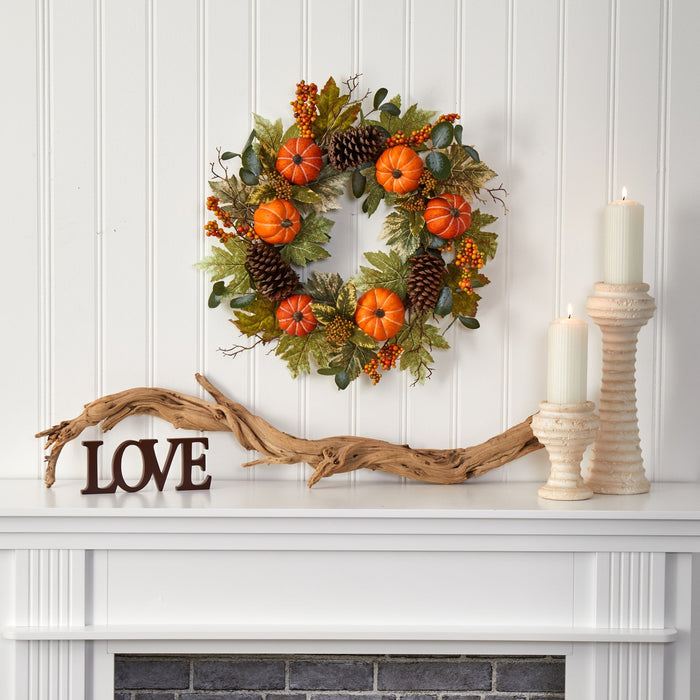 24” Pumpkins, Pine Cones and Berries Fall Artificial Wreath by Nearly Natural