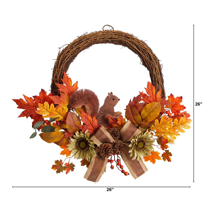 26” Fall Harvest Artificial Autumn Wreath with Twig Base and Bunny by Nearly Natural