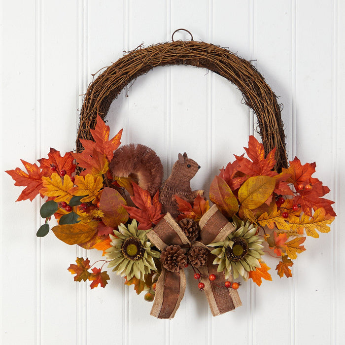 26” Fall Harvest Artificial Autumn Wreath with Twig Base and Bunny by Nearly Natural
