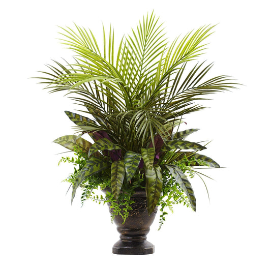 27” Mixed Areca Palm, Fern & Peacock w/Planter by Nearly Natural