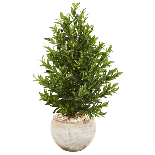 3’ Olive Cone Topiary Artificial Tree in Sand Stone Planter (Indoor/Outdoor) by Nearly Natural