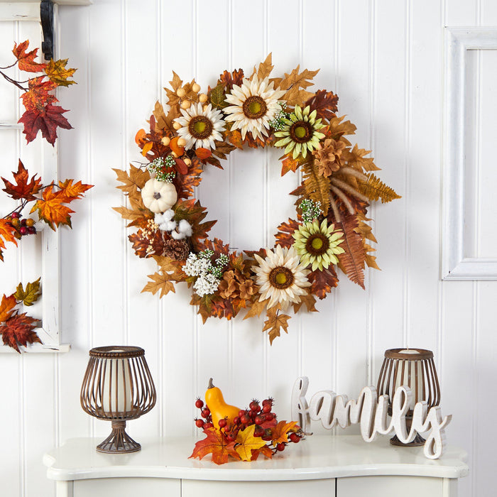 30” Autumn Sunflower, White Pumpkin and Berries Artificial Fall Wreath by Nearly Natural