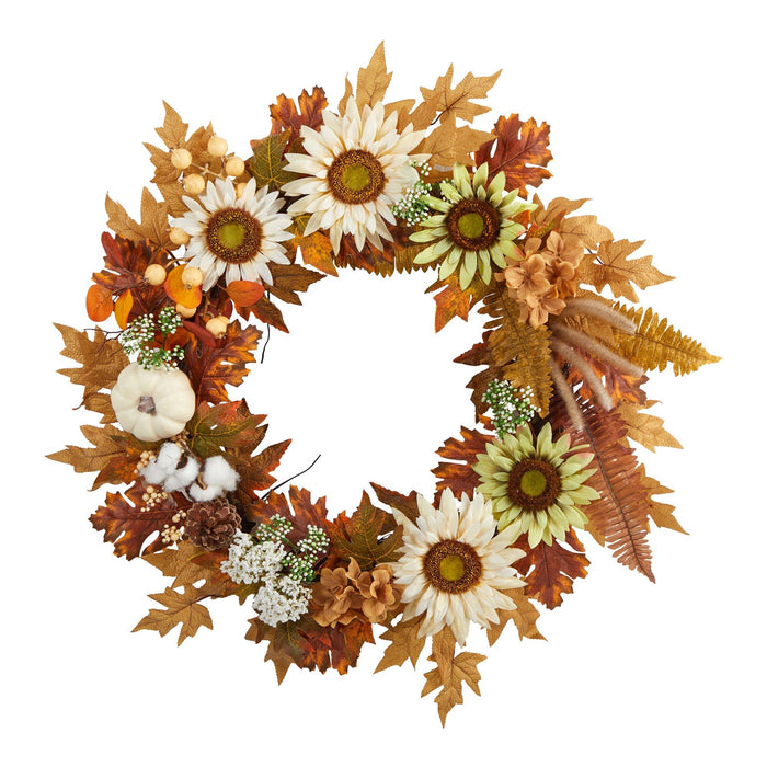 30” Autumn Sunflower, White Pumpkin and Berries Artificial Fall Wreath by Nearly Natural
