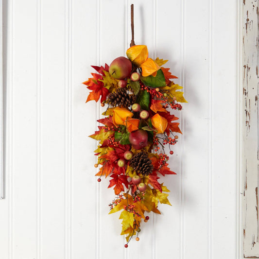 35” Autumn Maple Leaf and Berries Fall Teardrop by Nearly Natural