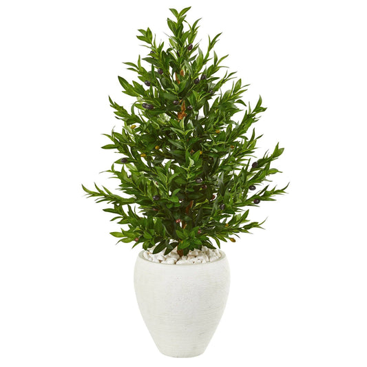 3.5’ Olive Cone Topiary Artificial Tree in White Planter (Indoor/Outdoor) by Nearly Natural