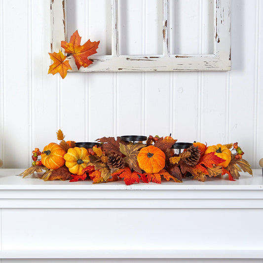 36” Autumn Maple Leaves, Pumpkin and Berries Fall Harvest Candelabrum Arrangement by Nearly Natural