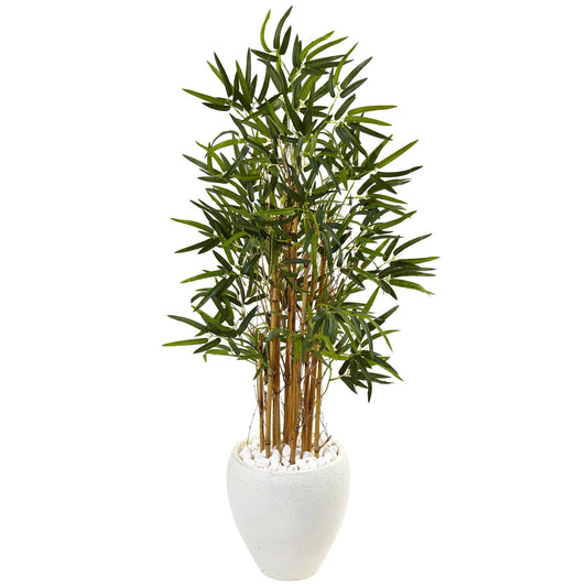 4’ Bamboo Tree in White Oval Planter by Nearly Natural
