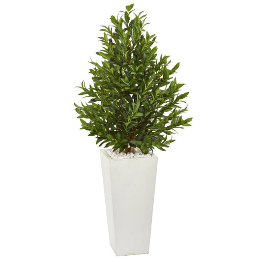 4’ Olive Cone Topiary Artificial Tree in White Planter(Indoor/Outdoor) by Nearly Natural