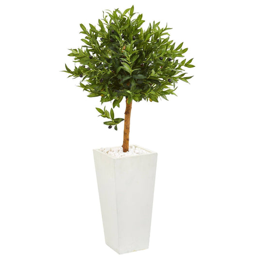 4’ Olive Topiary Artificial Tree in White Planter(Indoor/Outdoor) by Nearly Natural