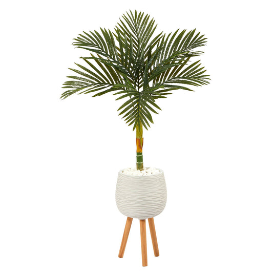 4.5’ Golden Cane Artificial Palm Tree in White Planter with Stand by Nearly Natural