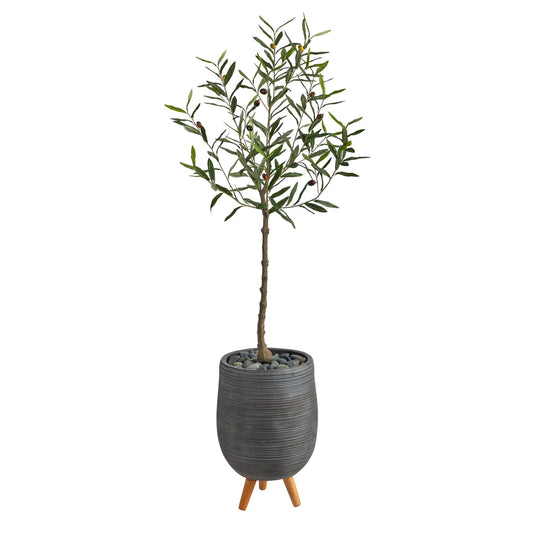 4.5’ Olive Artificial Tree in Gray Planter with Stand by Nearly Natural