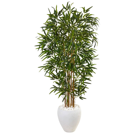5’ Bamboo Tree in Oval White Planter by Nearly Natural