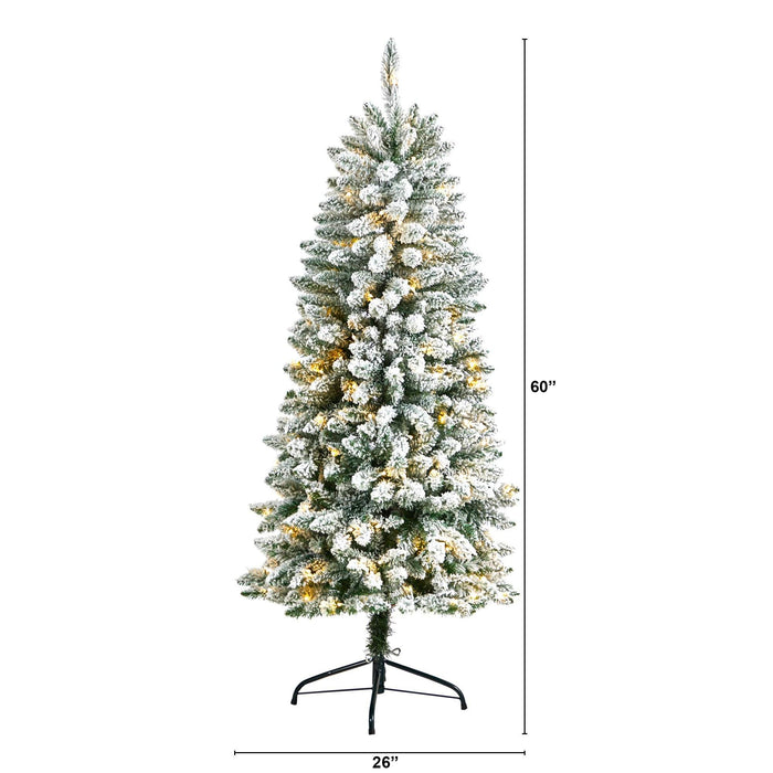 5’ Slim Flocked Montreal Fir Christmas Tree with 150 Warm White LED Lights and 491 Bendable Branches by Nearly Natural