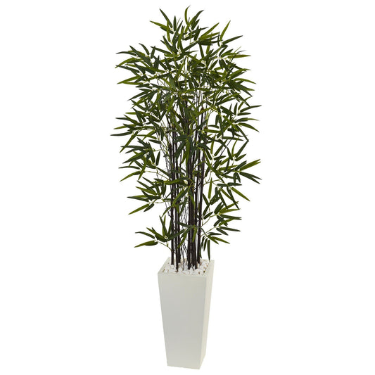 5.5’ Black Bamboo Artificial Tree in White Tower Planter by Nearly Natural