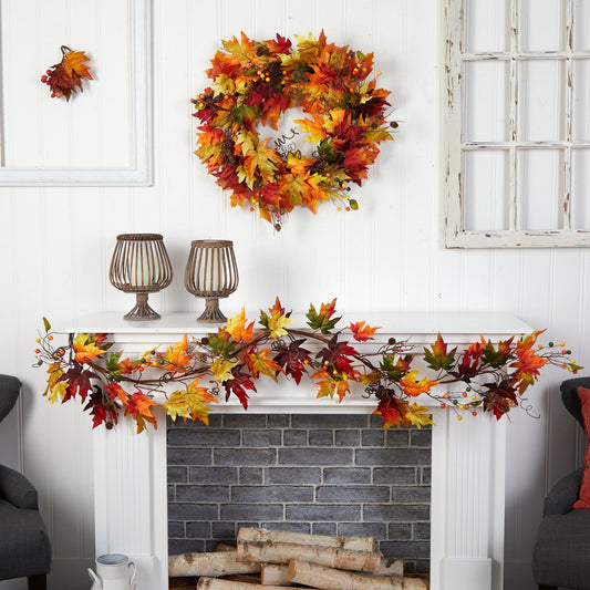 6’ Autumn Maple Leaf and Berry Fall Garland by Nearly Natural