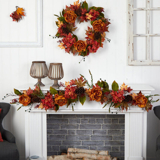 6’ Fall Ranunculus, Hydrangea and Berries Autumn Artificial Garland by Nearly Natural