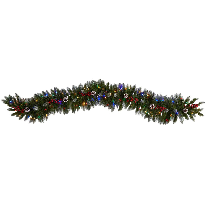 6' Snow Tipped Extra Wide Christmas Garland with Pinecones, Berries and 100 Multicolor LED Lights by Nearly Natural