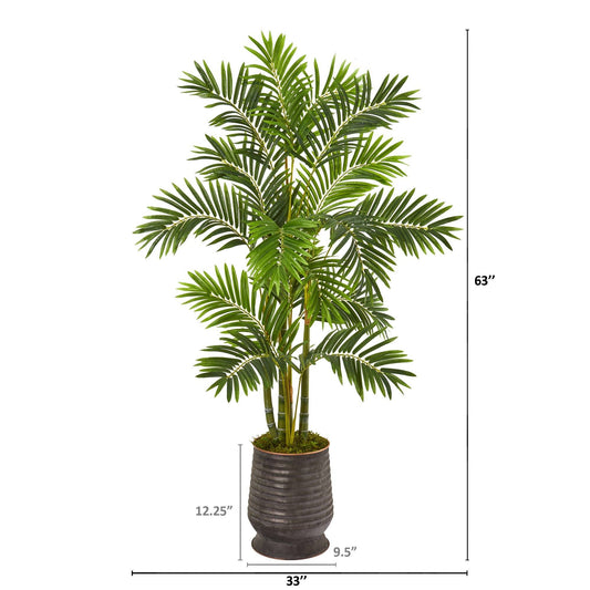 63” Areca Palm Artificial Tree in Ribbed Metal Planter by Nearly Natural
