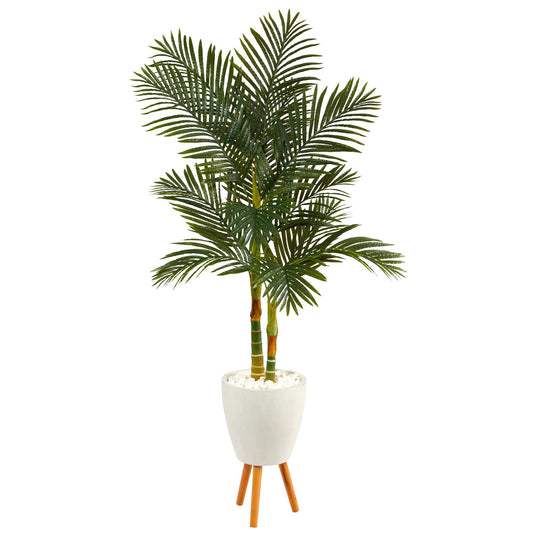 70” Golden Cane Artificial Palm Tree in White Planter with Stand by Nearly Natural
