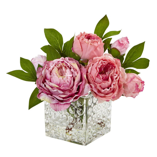 Peony in Glass Vase by Nearly Natural