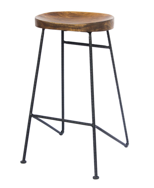 Mango Wood Saddle Seat Bar Stool With Iron Rod Legs, Brown and Black by Blak Hom