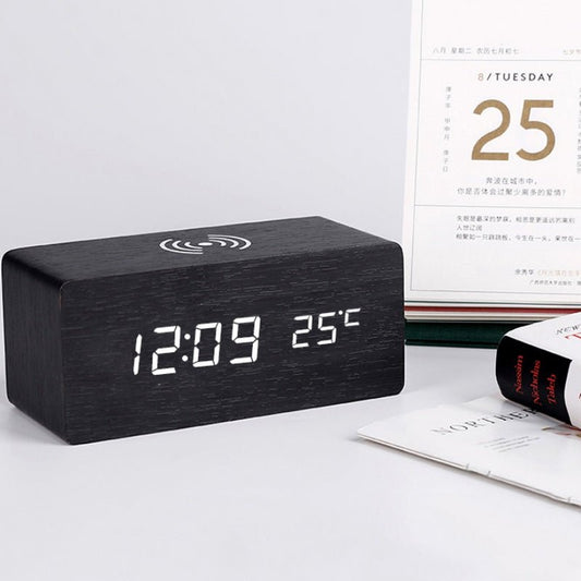 Wooden Electric Alarm Clock with Wireless Charging Pad by Living Simply House